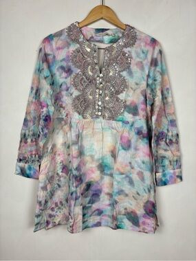 Soft Surroundings Sequin Beaded Tie Dye Tunic M Boho Lagenlook Cotton